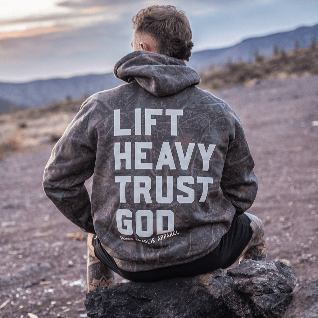 Lift Heavy. Trust God. Darkwood Camo Hoodie - My Love for Fitness