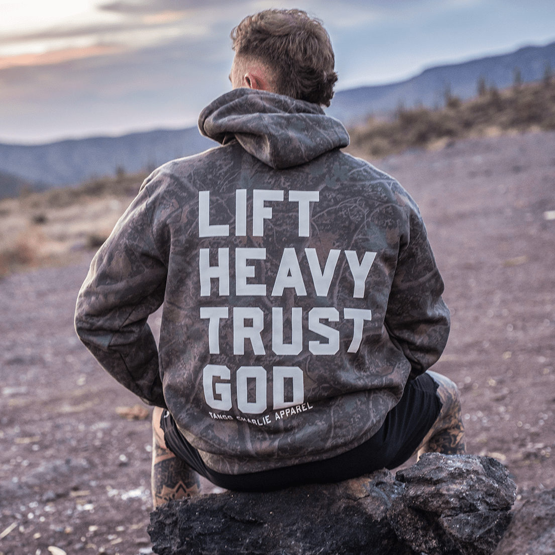 Lift Heavy. Trust God. Darkwood Camo Hoodie - My Love for Fitness