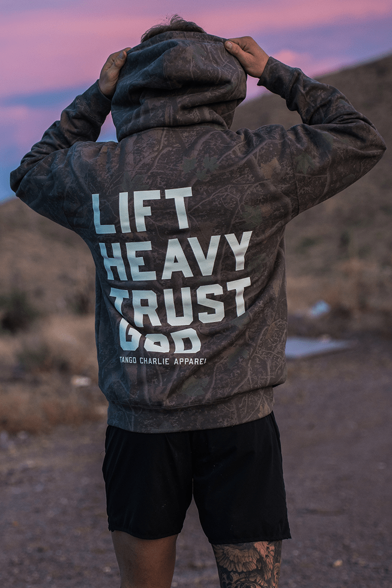 Lift Heavy. Trust God. Darkwood Camo Hoodie - My Love for Fitness