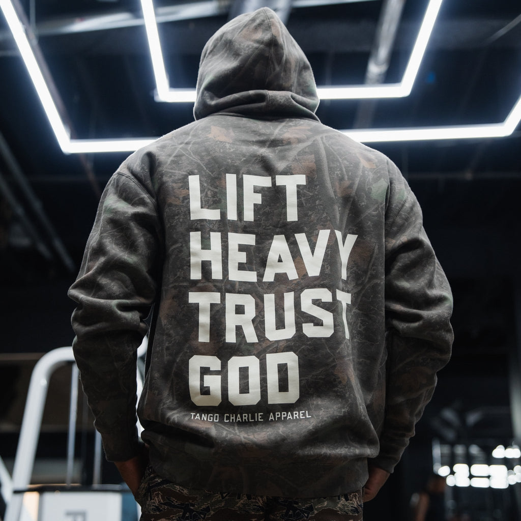 Lift Heavy. Trust God. Darkwood Camo Hoodie - My Love for Fitness