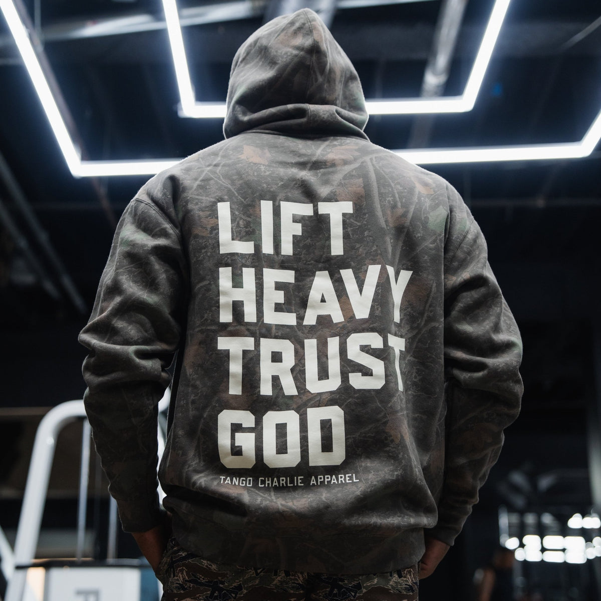 Lift Heavy. Trust God. Darkwood Camo Hoodie - My Love for Fitness