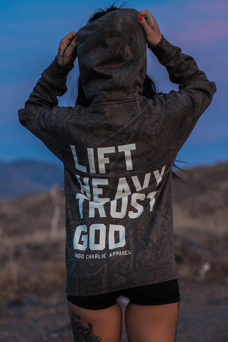 Lift Heavy. Trust God. Darkwood Camo Hoodie - My Love for Fitness