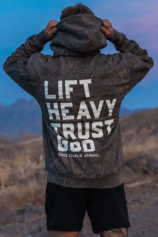 Lift Heavy. Trust God. Darkwood Camo Hoodie - My Love for Fitness