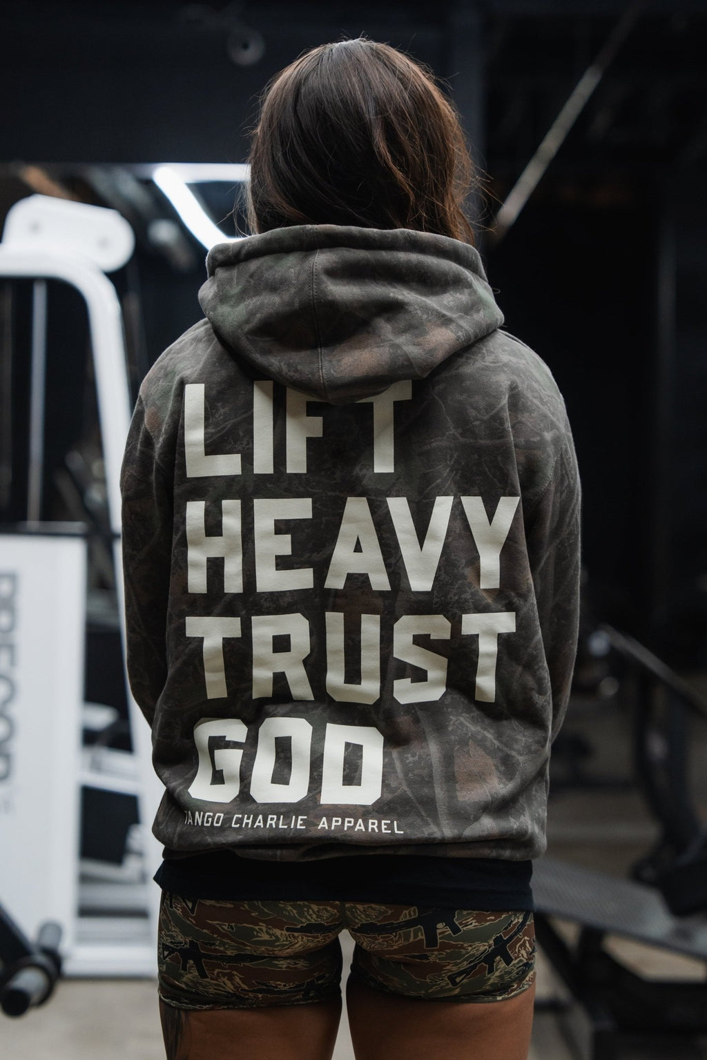 Lift Heavy. Trust God. Darkwood Camo Hoodie - My Love for Fitness