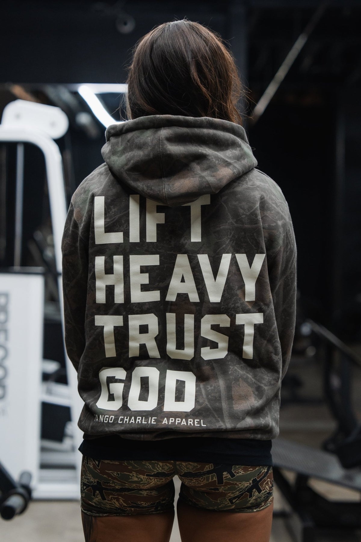 Lift Heavy. Trust God. Darkwood Camo Hoodie - My Love for Fitness