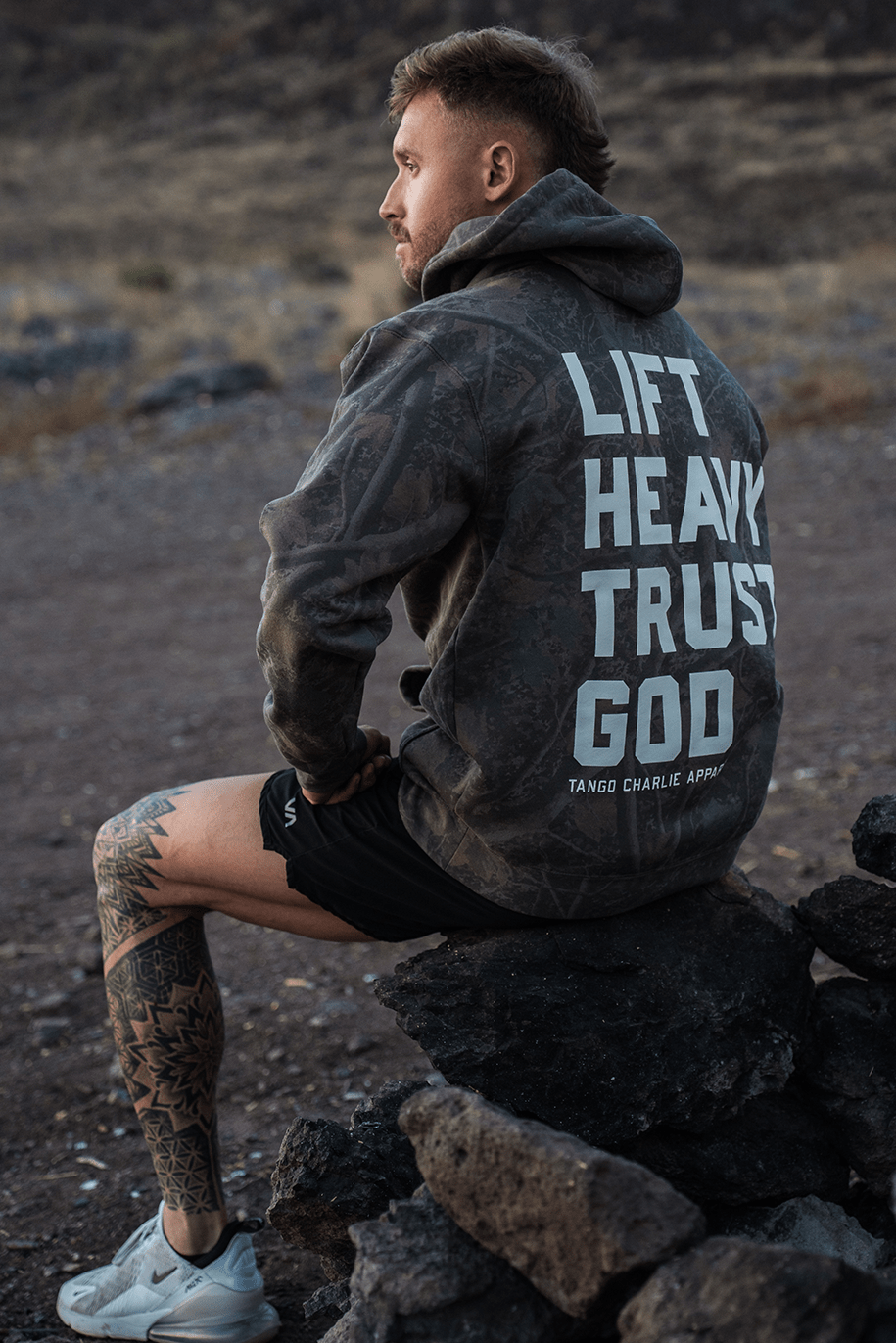 Lift Heavy. Trust God. Darkwood Camo Hoodie - My Love for Fitness