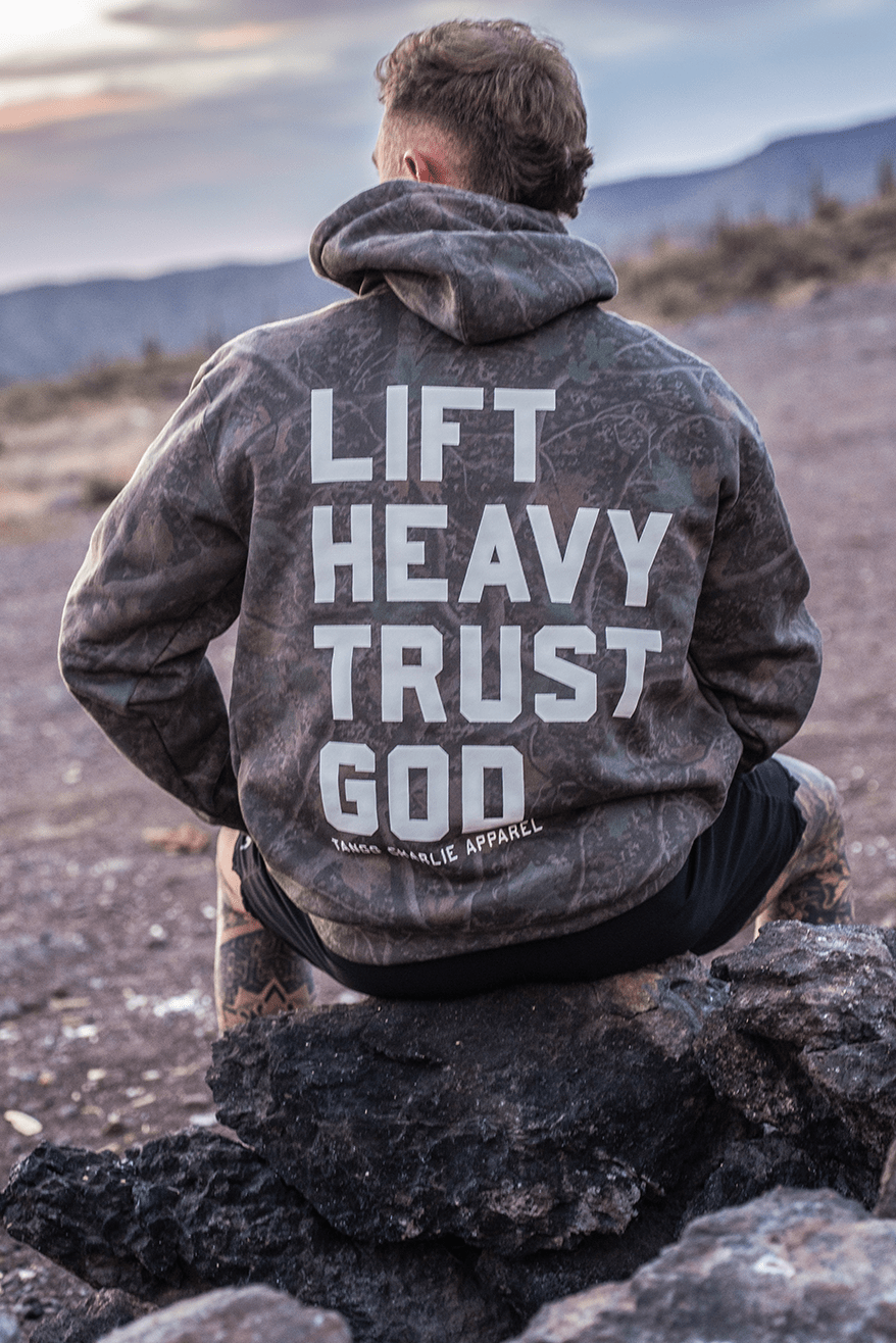 Lift Heavy. Trust God. Darkwood Camo Hoodie - My Love for Fitness