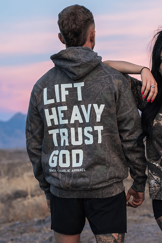 Lift Heavy. Trust God. Darkwood Camo Hoodie - My Love for Fitness