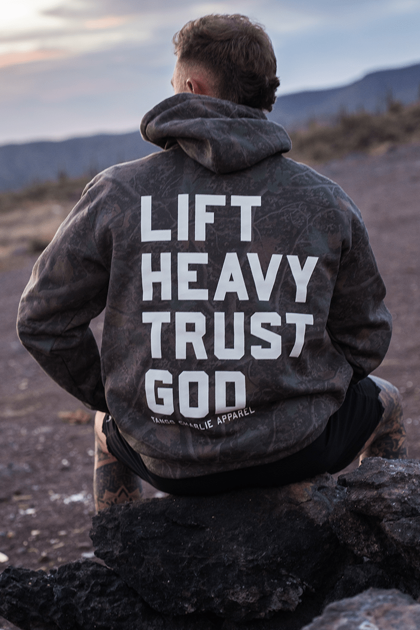 Lift Heavy. Trust God. Darkwood Camo Hoodie - My Love for Fitness