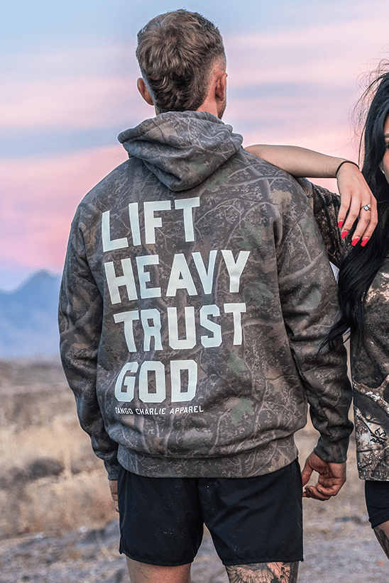 Lift Heavy. Trust God. Darkwood Camo Hoodie - My Love for Fitness