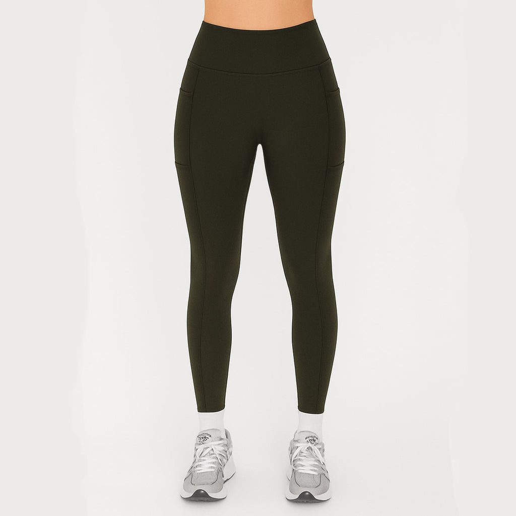 OTL high-waist pocket leggings, front view showing the smooth waistband
