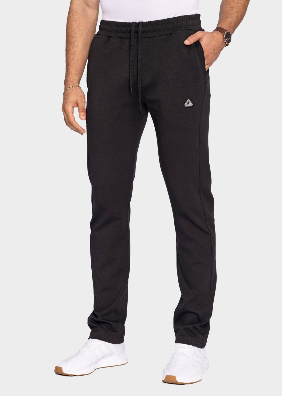 Black SCR Classic men's tapered tall-fit sweatpants, front view
