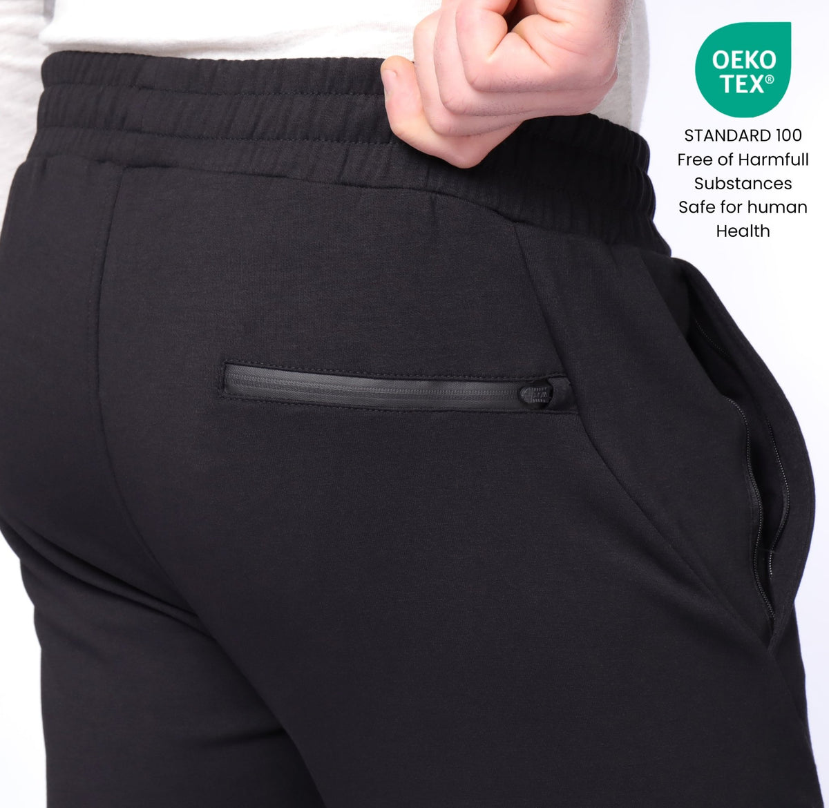 Zip back pocket on black SCR Classic sweatpants
