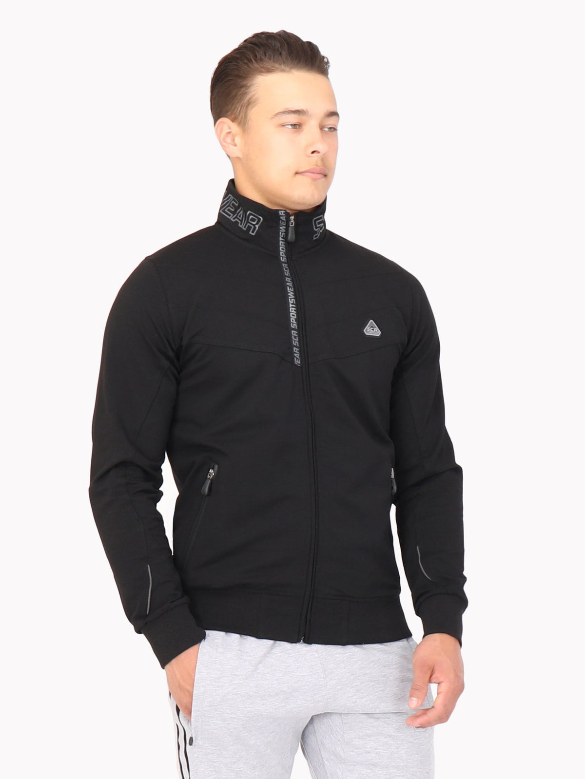 Black SCR All-Day Comfort full-zip sweatshirt, front view
