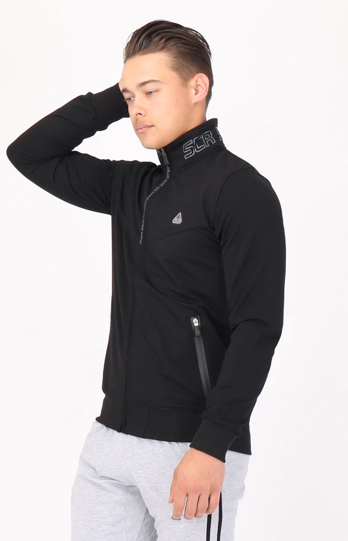 Black SCR All-Day Comfort full-zip sweatshirt, angled front view