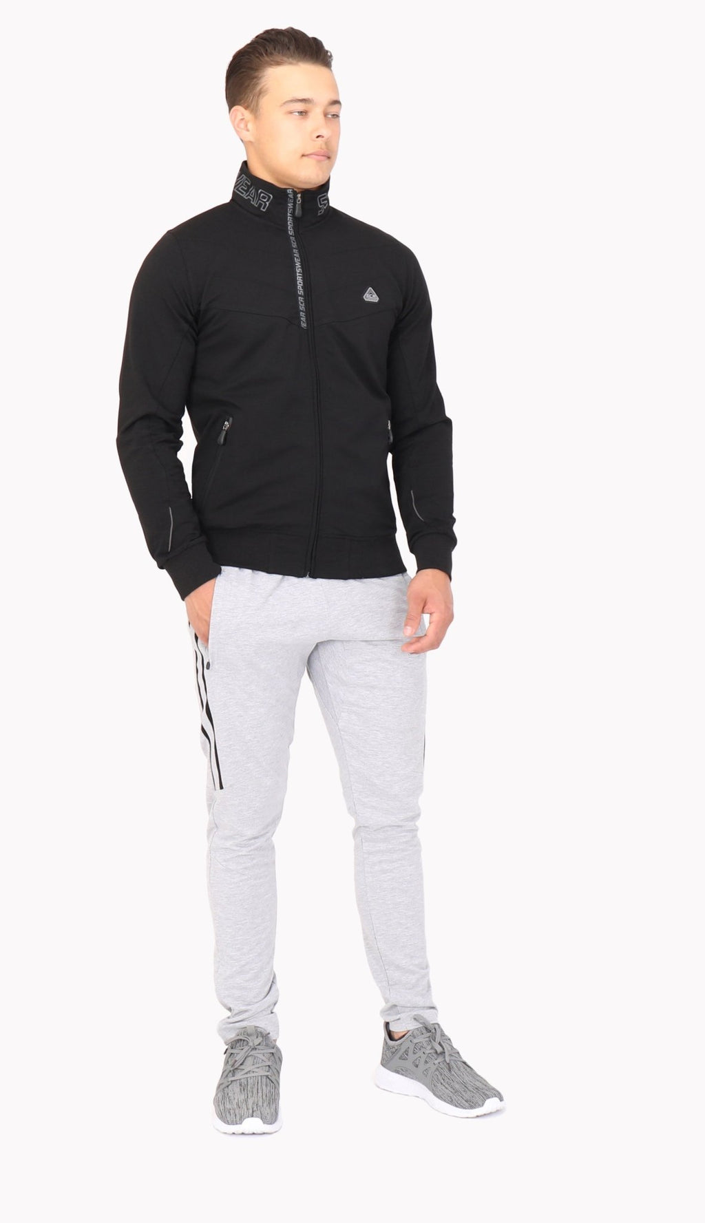 Black SCR All-Day Comfort sweatshirt styled with light grey pants
