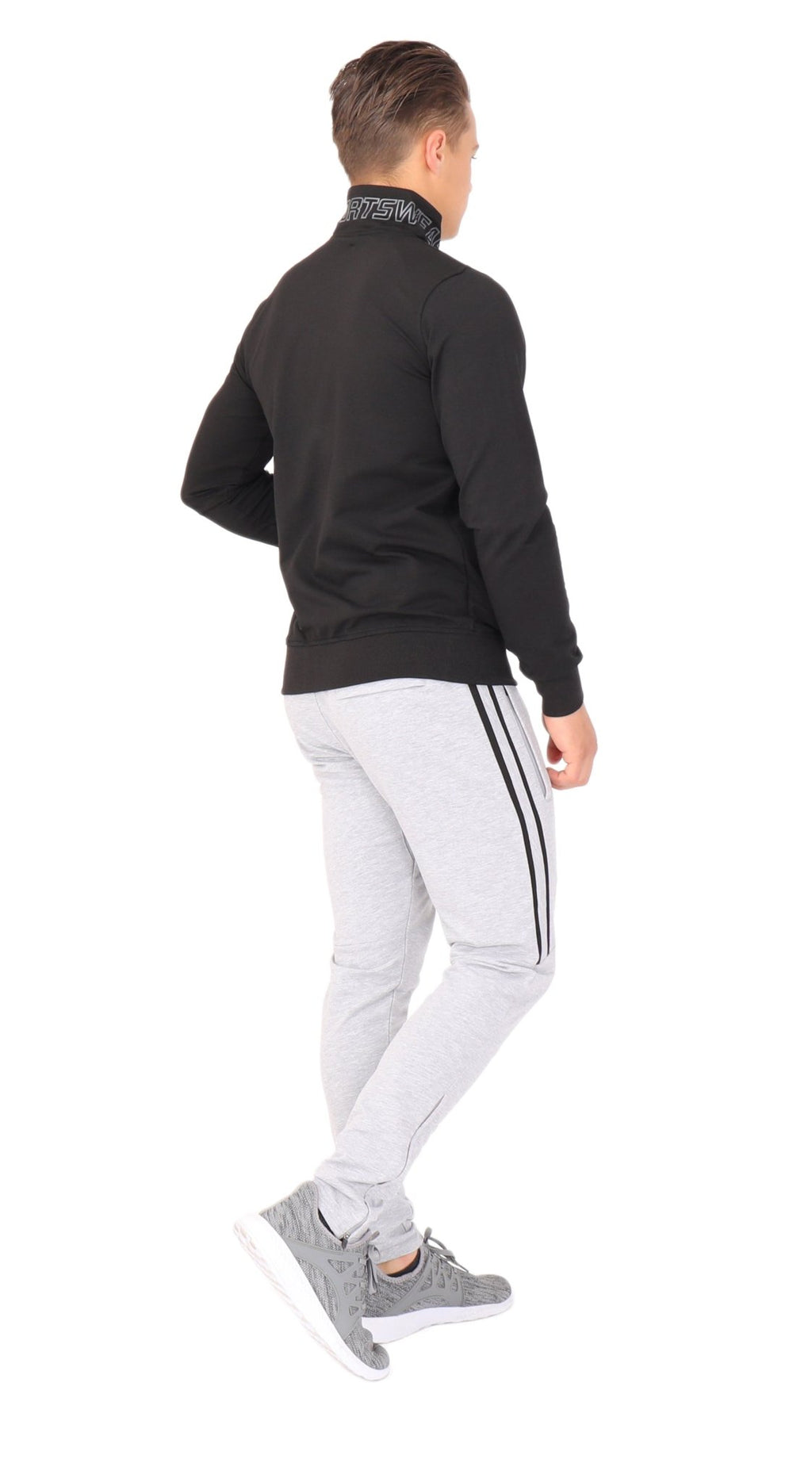 Model wearing the black SCR All-Day Comfort sweatshirt, rear full-length view