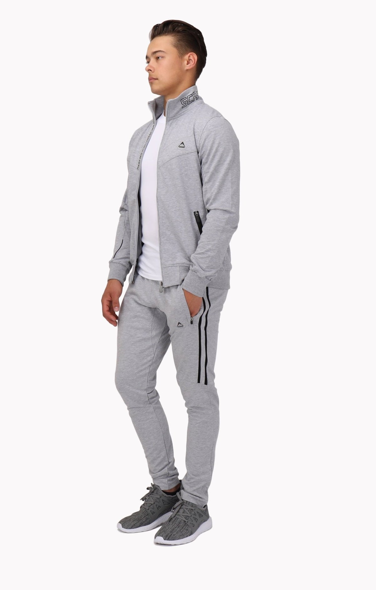 Light Grey Heather SCR All-Day Comfort sweatshirt worn open, full-length view