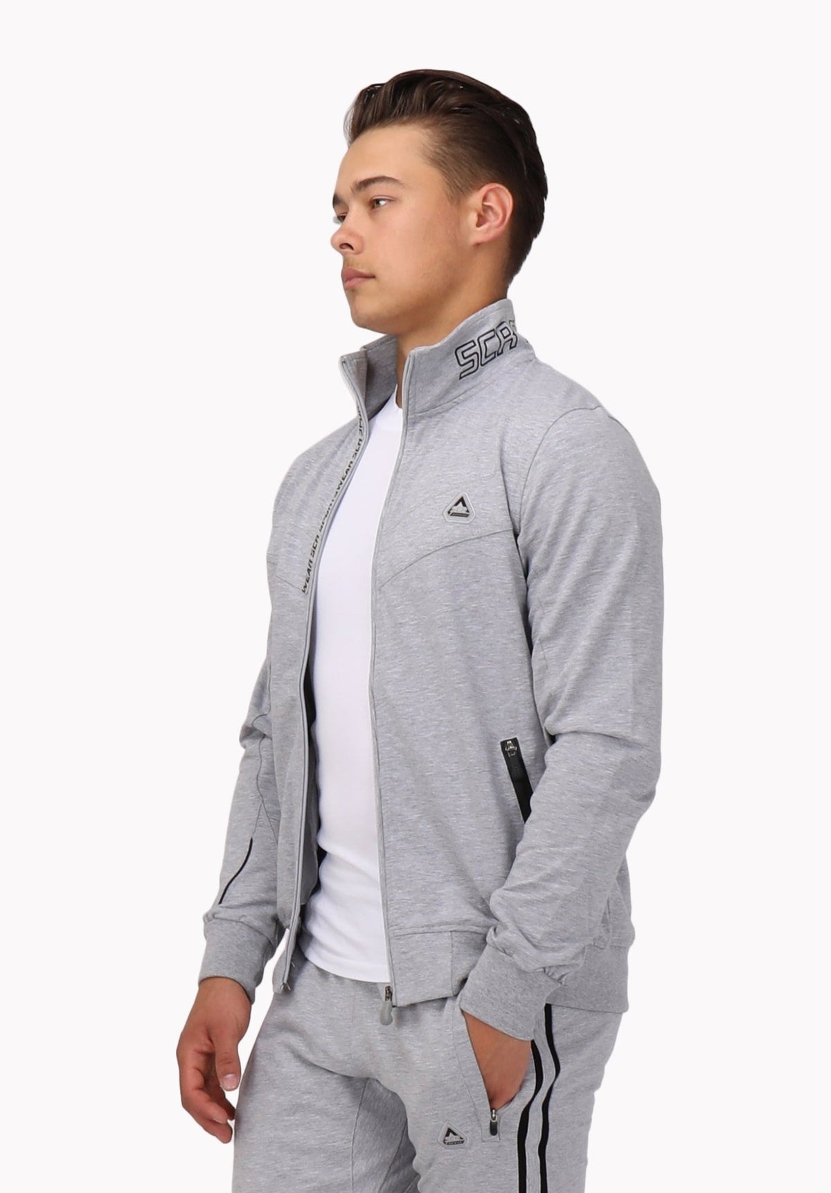 Light Grey Heather SCR All-Day Comfort sweatshirt worn open, front view