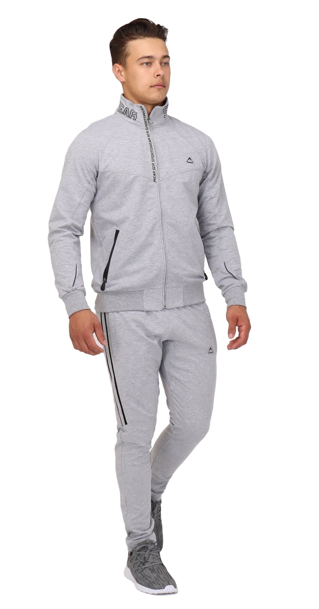 Model wearing the Light Grey Heather SCR All-Day Comfort sweatshirt