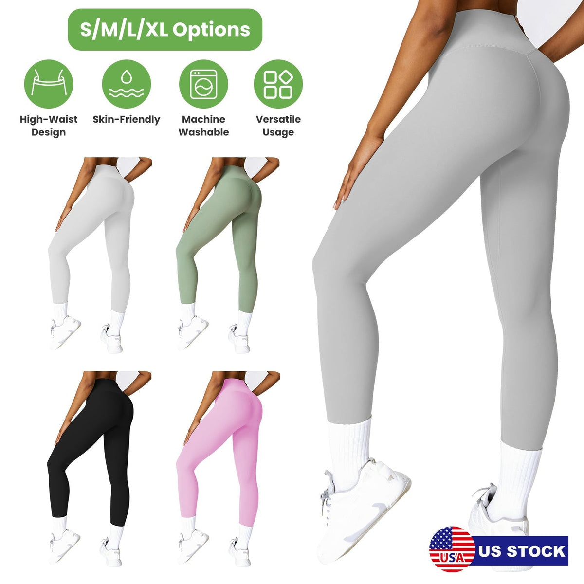 Yoga leggings color options with a side view of the gray pair