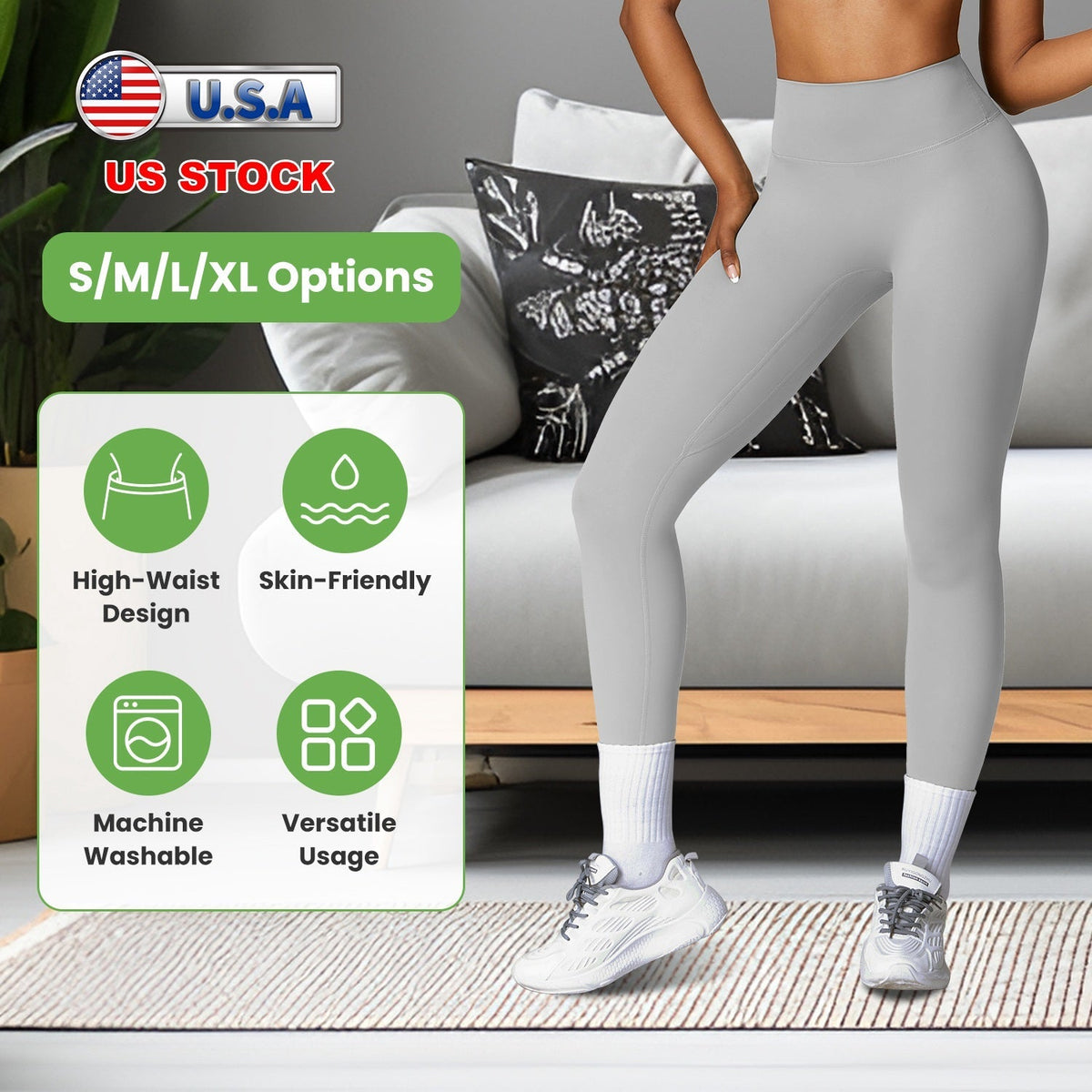 Gray high-waist yoga leggings shown with a product feature graphic and US stock badge.