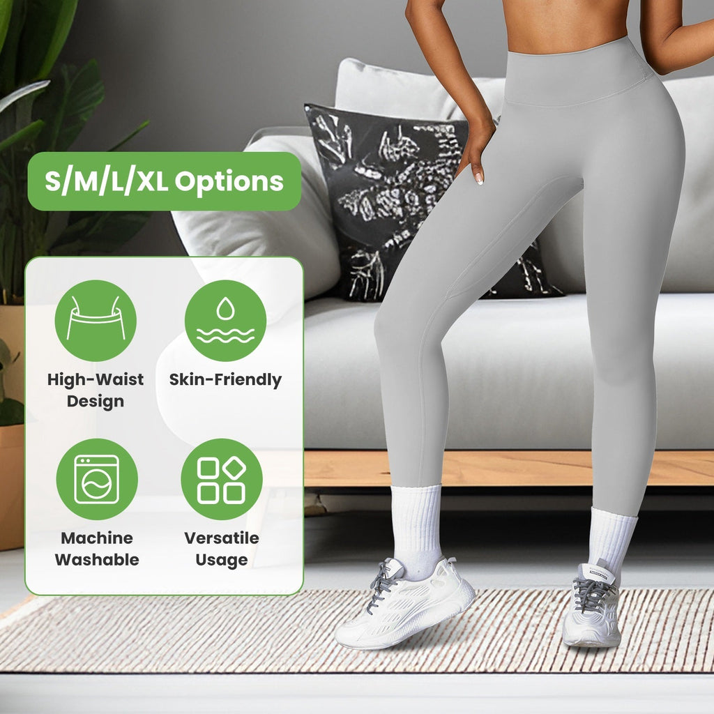 Model wearing gray yoga leggings beside a graphic showing product features.