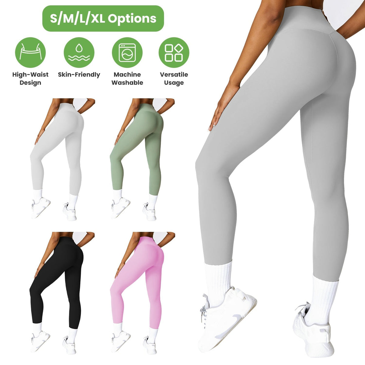 High-waist yoga leggings shown in gray, green, black, and pink.